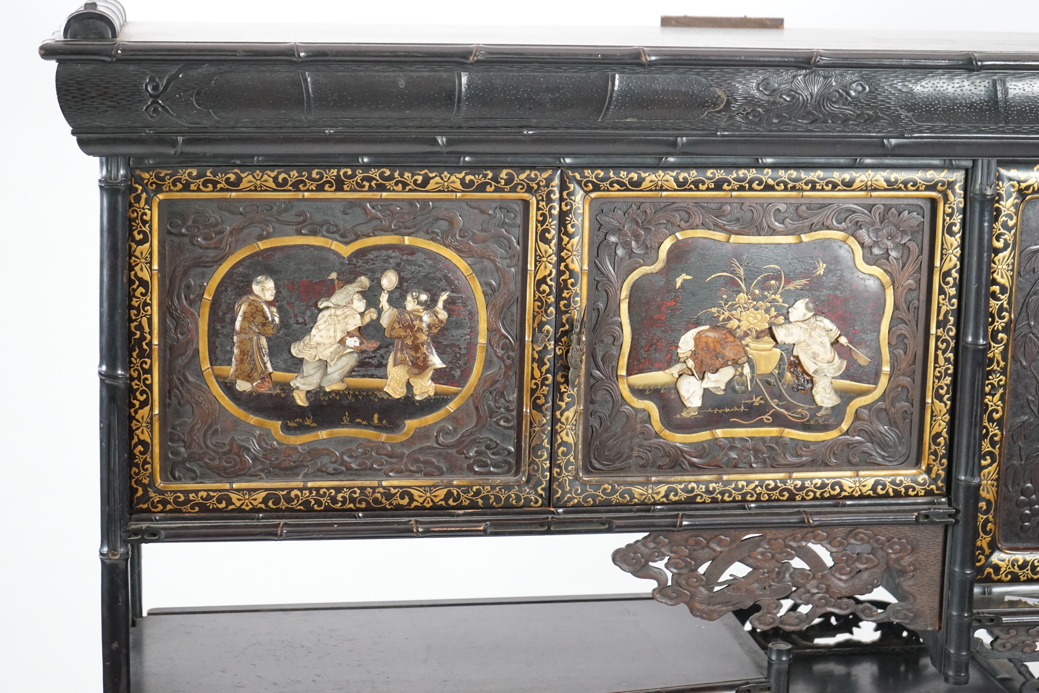 A Japanese Shibayama style inlaid wood cabinet, Meiji period